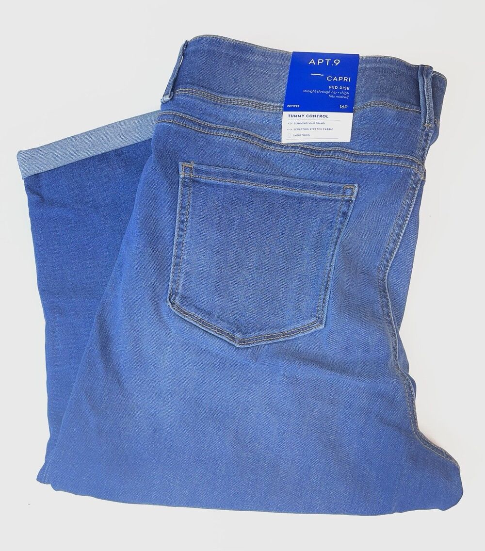 Apt 9 Capri Pants Mid Rise Tummy Control Stretch Medium Wash Women’s Size 16P
